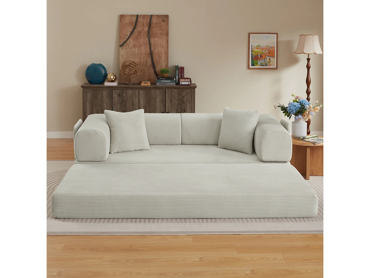 Canapé convertible modulable 2 places en velours côtelé avec poche latérale - Beige