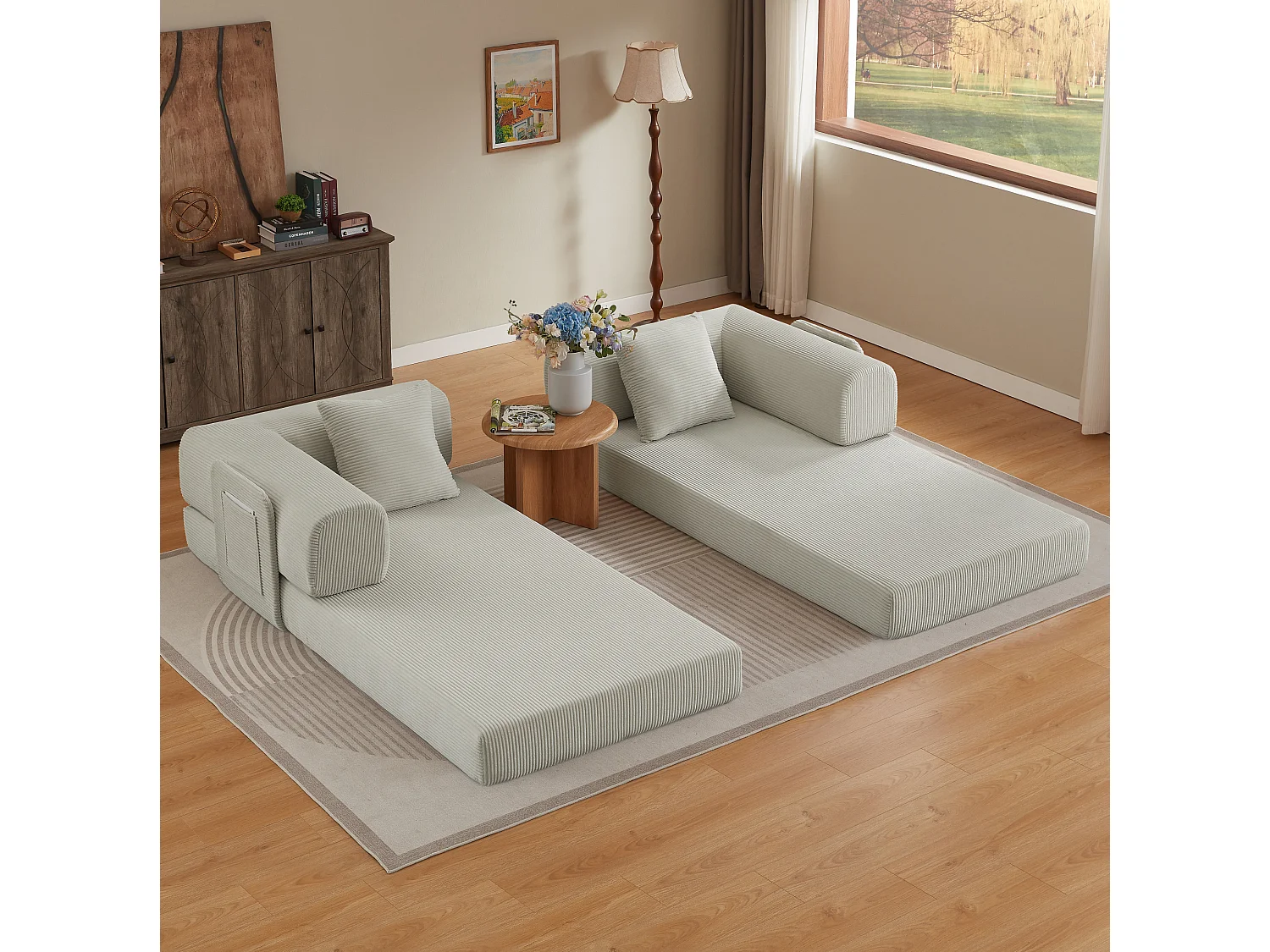 Canapé convertible modulable 2 places en velours côtelé avec poche latérale - Beige