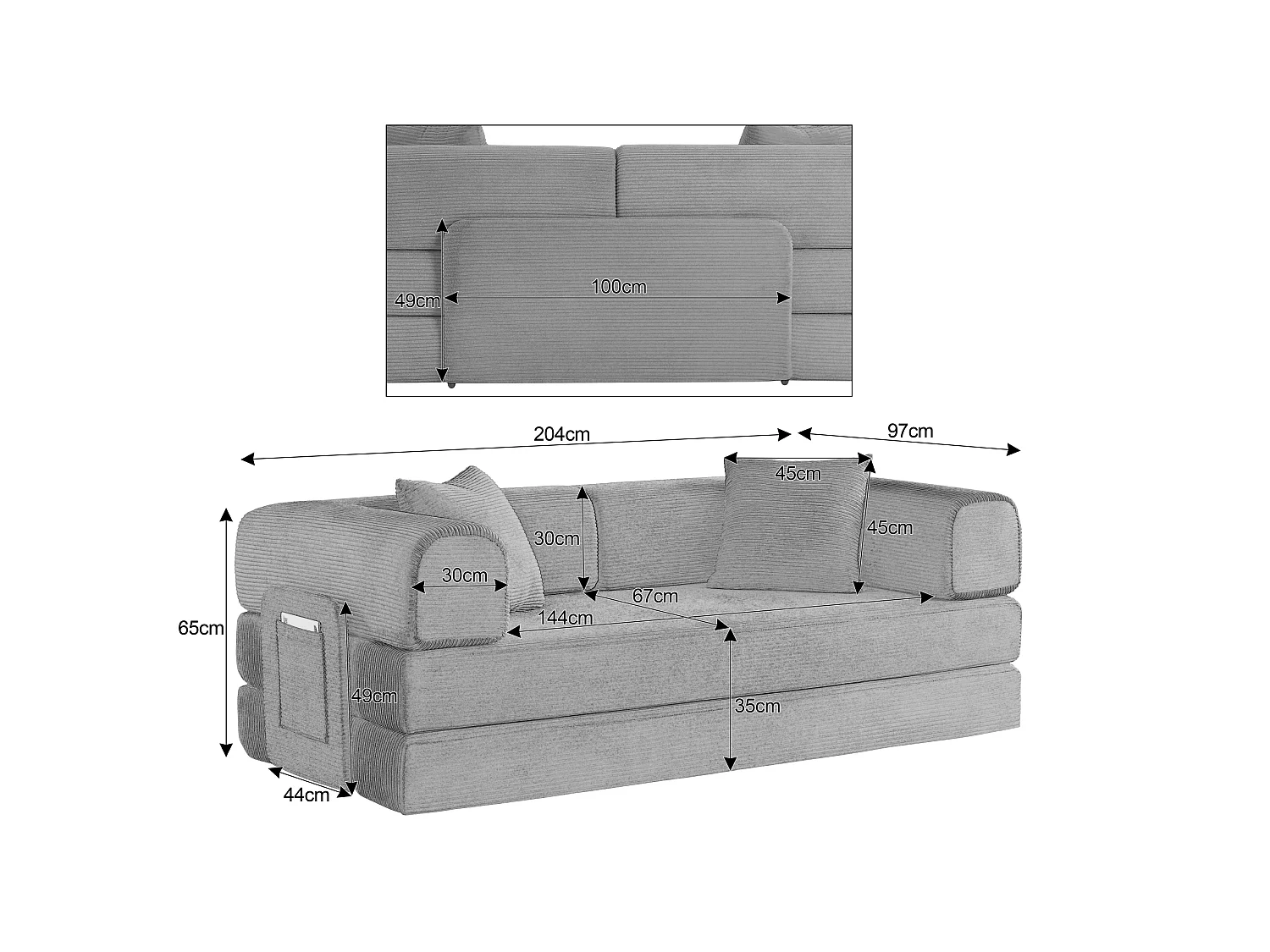 Canapé convertible modulable 2 places en velours côtelé avec poche latérale - Beige