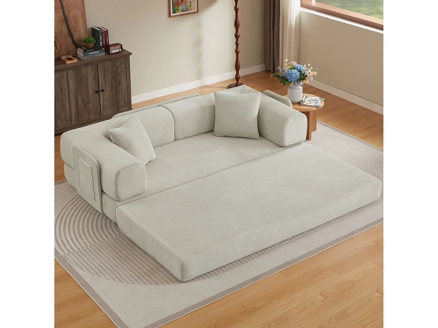 Canapé convertible modulable 2 places en velours côtelé avec poche latérale - Beige