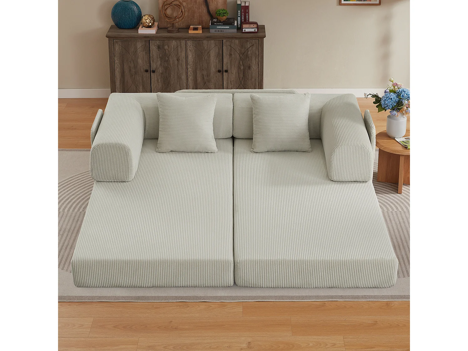 Canapé convertible modulable 2 places en velours côtelé avec poche latérale - Beige