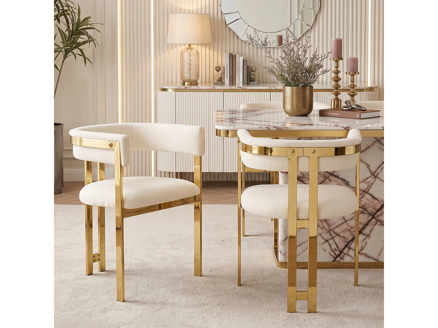 Juego de 4 sillas de comedor de chenilla - Beige y dorado