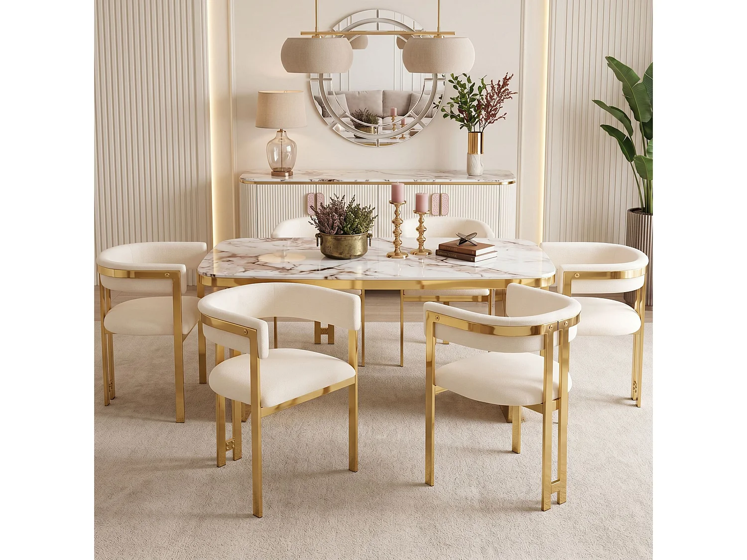 Juego de 4 sillas de comedor de chenilla - Beige y dorado