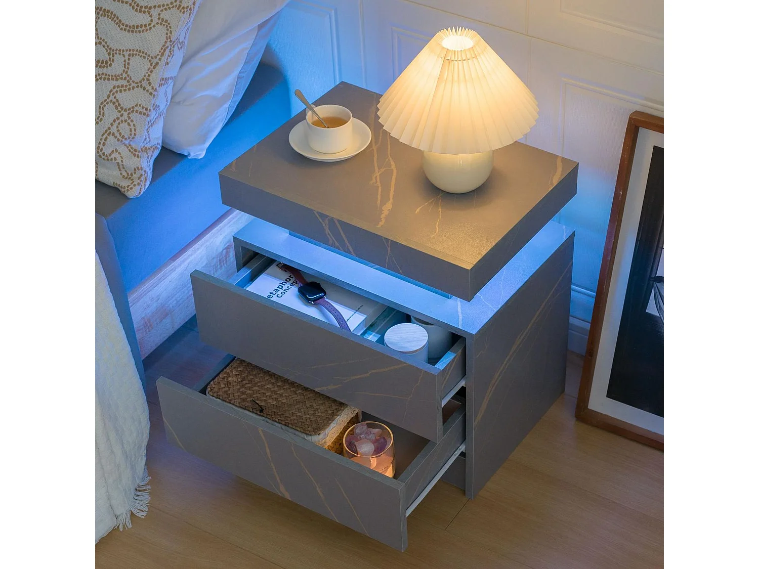 Lot de 2 tables de chevet moderne avec 2 tiroirs et LED - Gris
