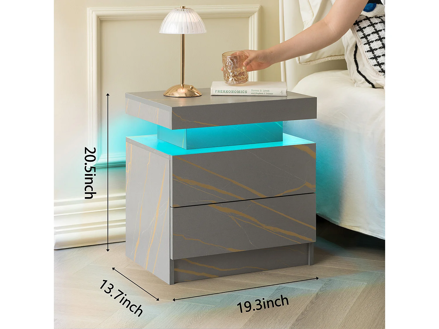 Lot de 2 tables de chevet moderne avec 2 tiroirs et LED - Gris