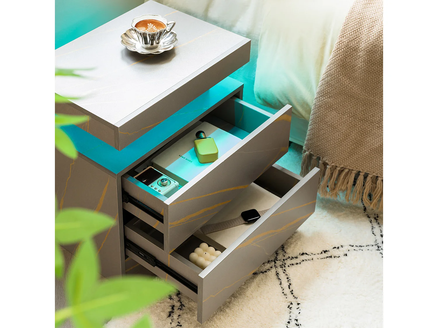 Lot de 2 tables de chevet moderne avec 2 tiroirs et LED - Gris
