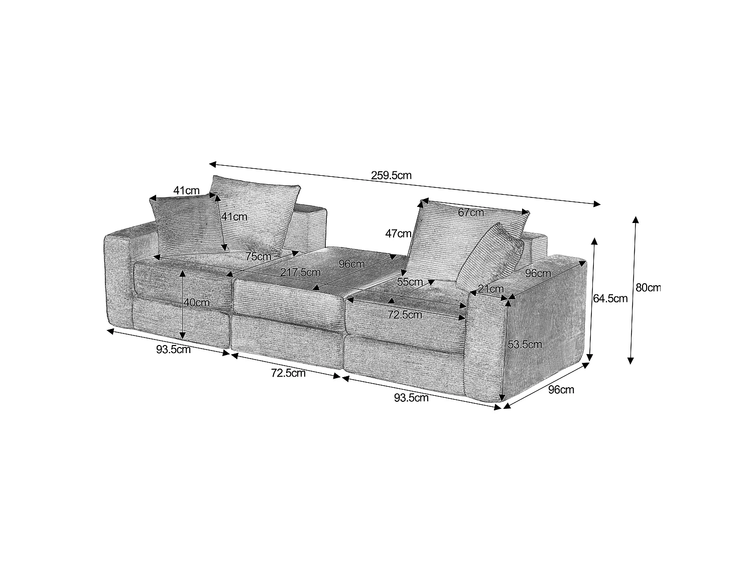 Modulaire slaapbank met 3 zitplaatsen in corduroy met kussens - Geen montage nodig - Zwart