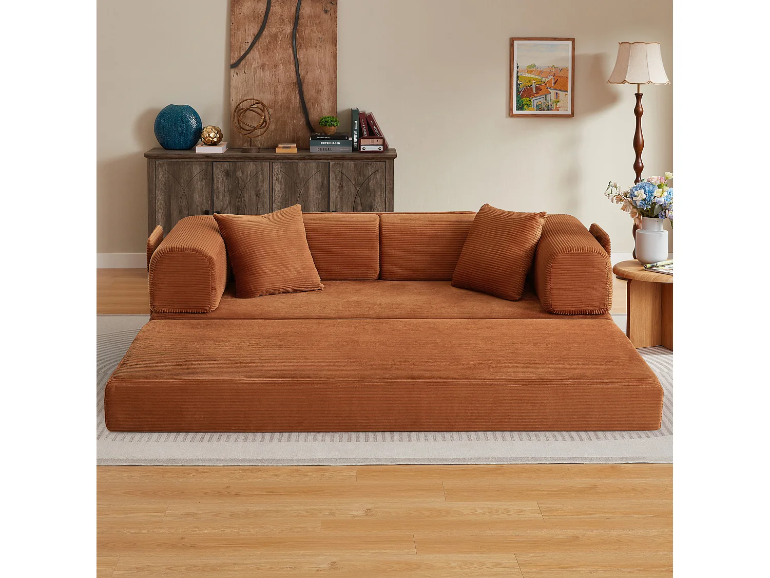 Canapé convertible modulable 2 places en velours côtelé avec poche latérale - Terracotta