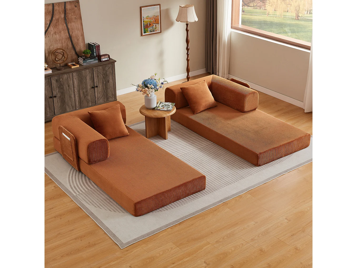 Canapé convertible modulable 2 places en velours côtelé avec poche latérale - Terracotta