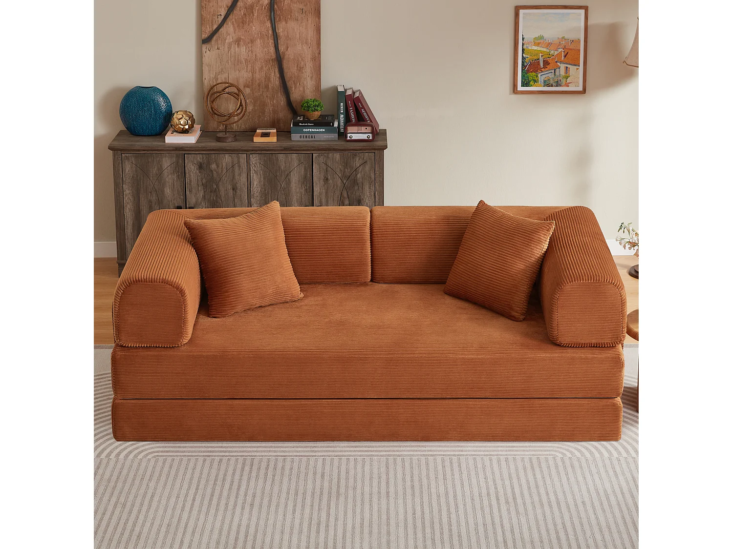 Canapé convertible modulable 2 places en velours côtelé avec poche latérale - Terracotta