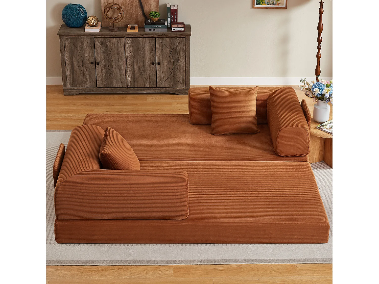 Canapé convertible modulable 2 places en velours côtelé avec poche latérale - Terracotta