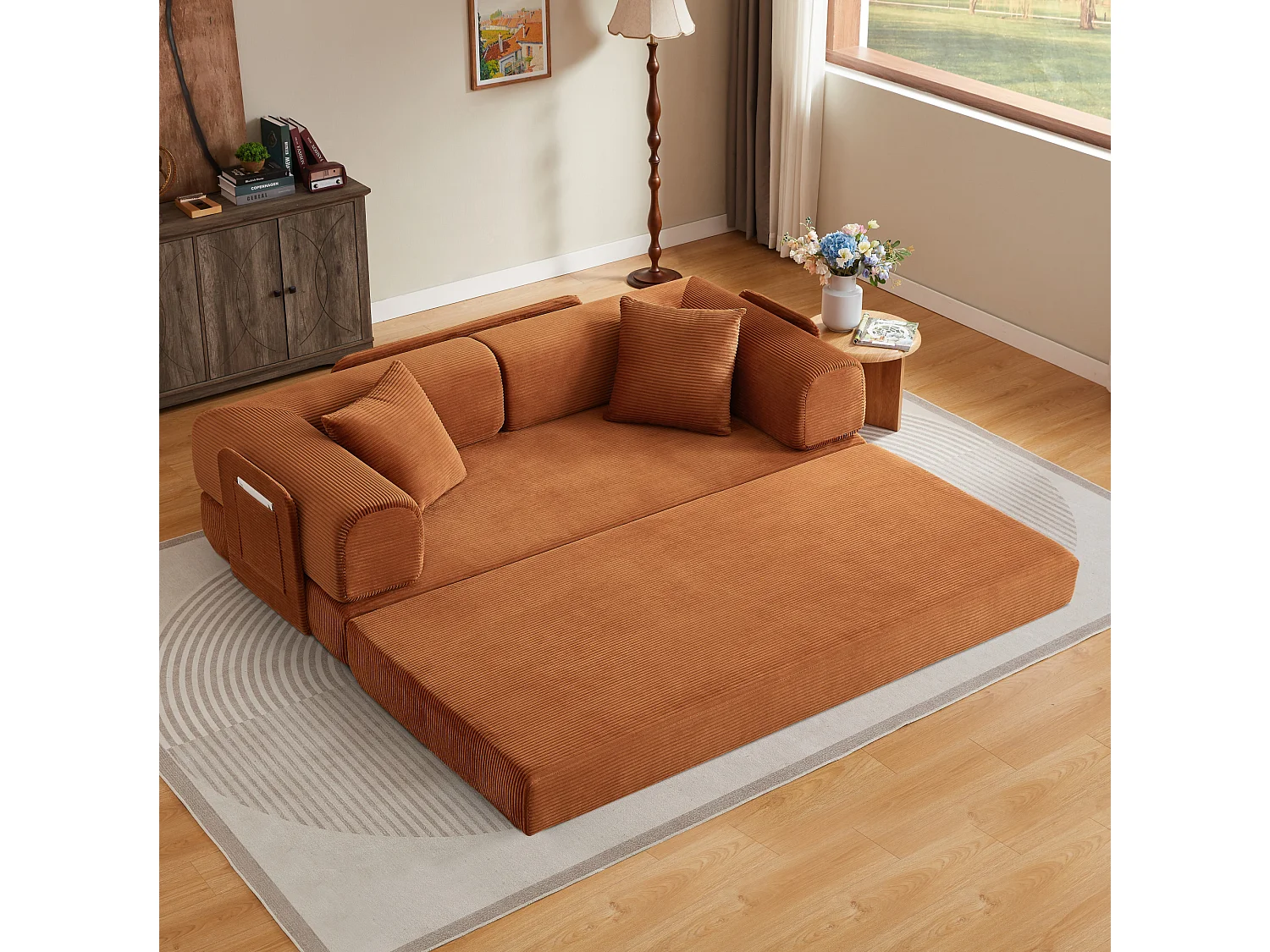Canapé convertible modulable 2 places en velours côtelé avec poche latérale - Terracotta