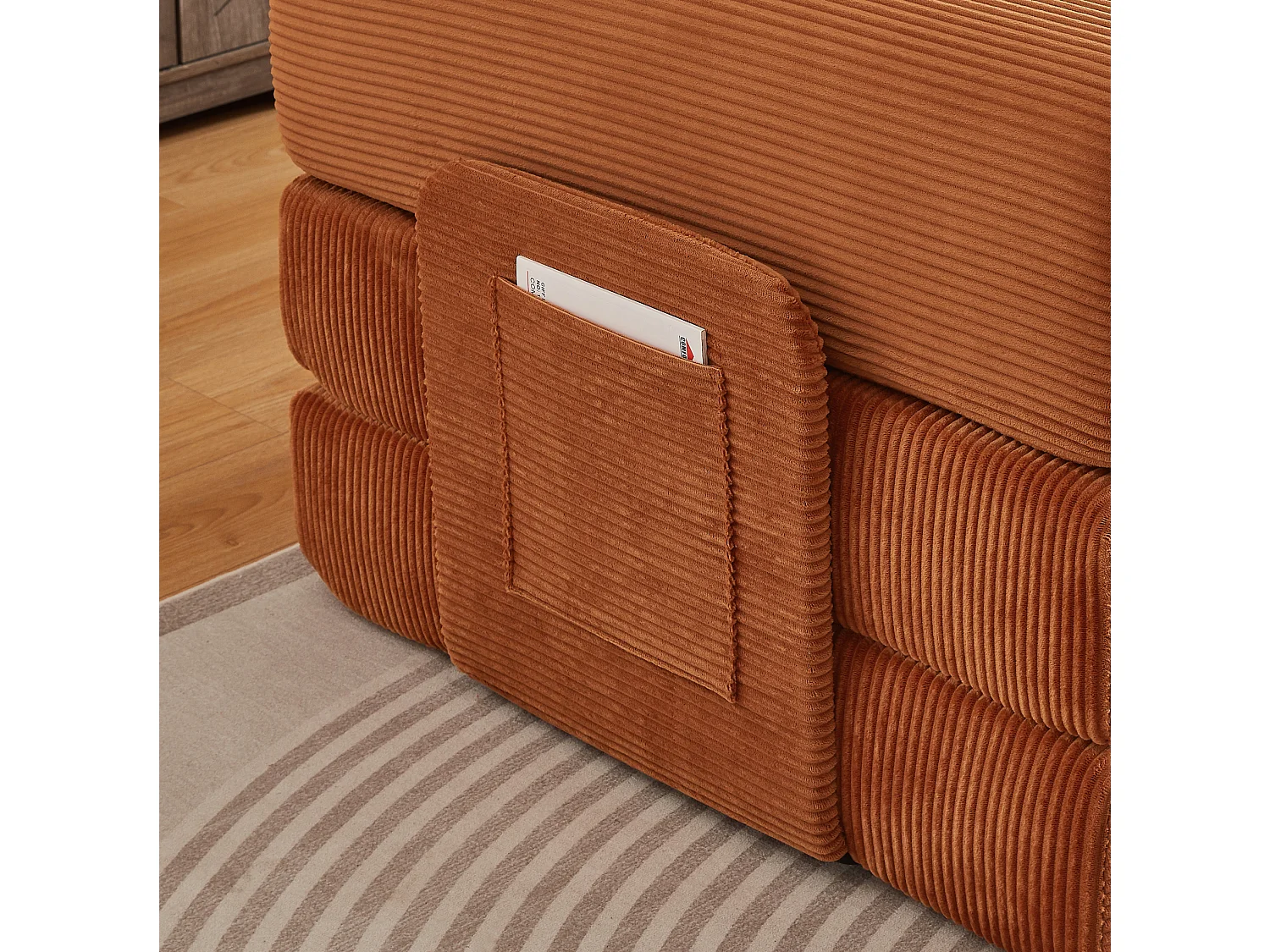 Canapé convertible modulable 2 places en velours côtelé avec poche latérale - Terracotta