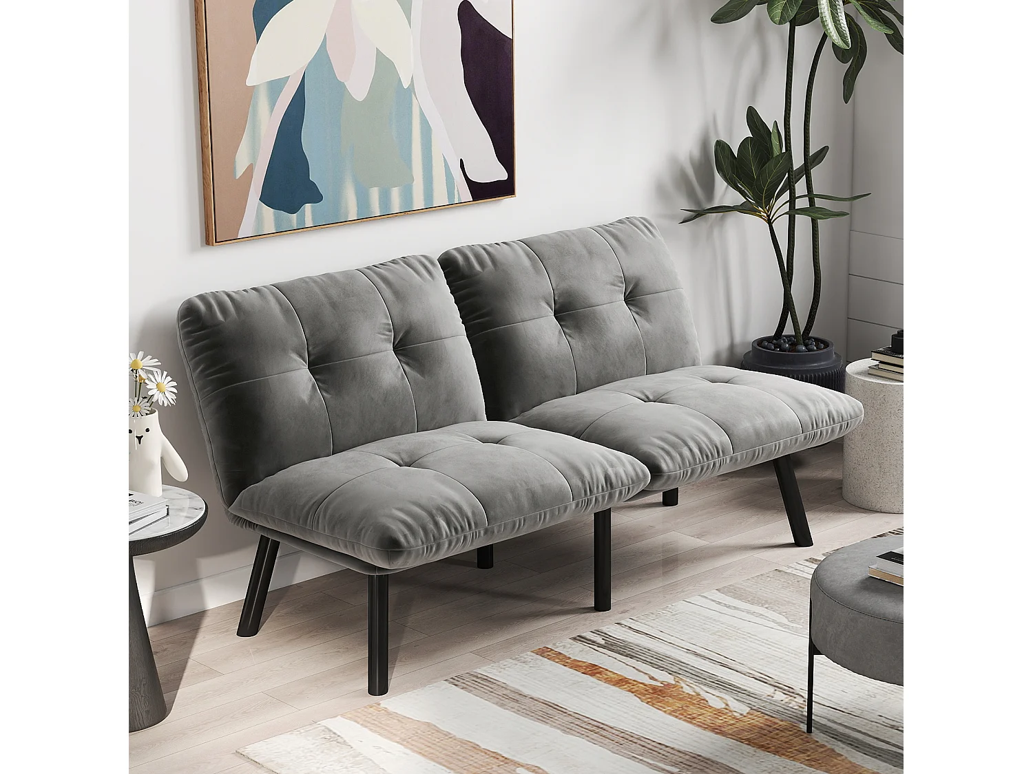 Canapé convertible 2 places gris, sans accoudoirs, futon pliable, lit d'appoint, velours