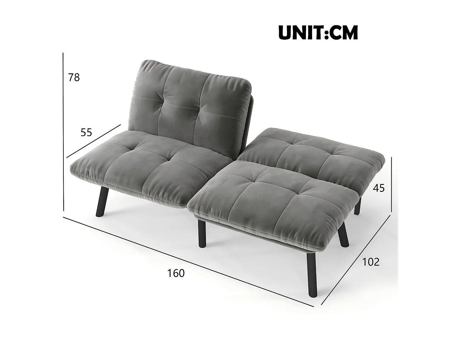 Canapé convertible 2 places gris, sans accoudoirs, futon pliable, lit d'appoint, velours