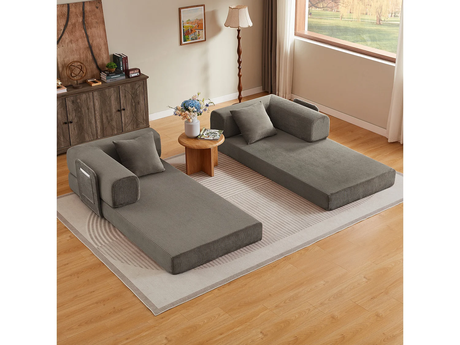 Canapé convertible modulable 2 places en velours côtelé avec poche latérale - Taupe