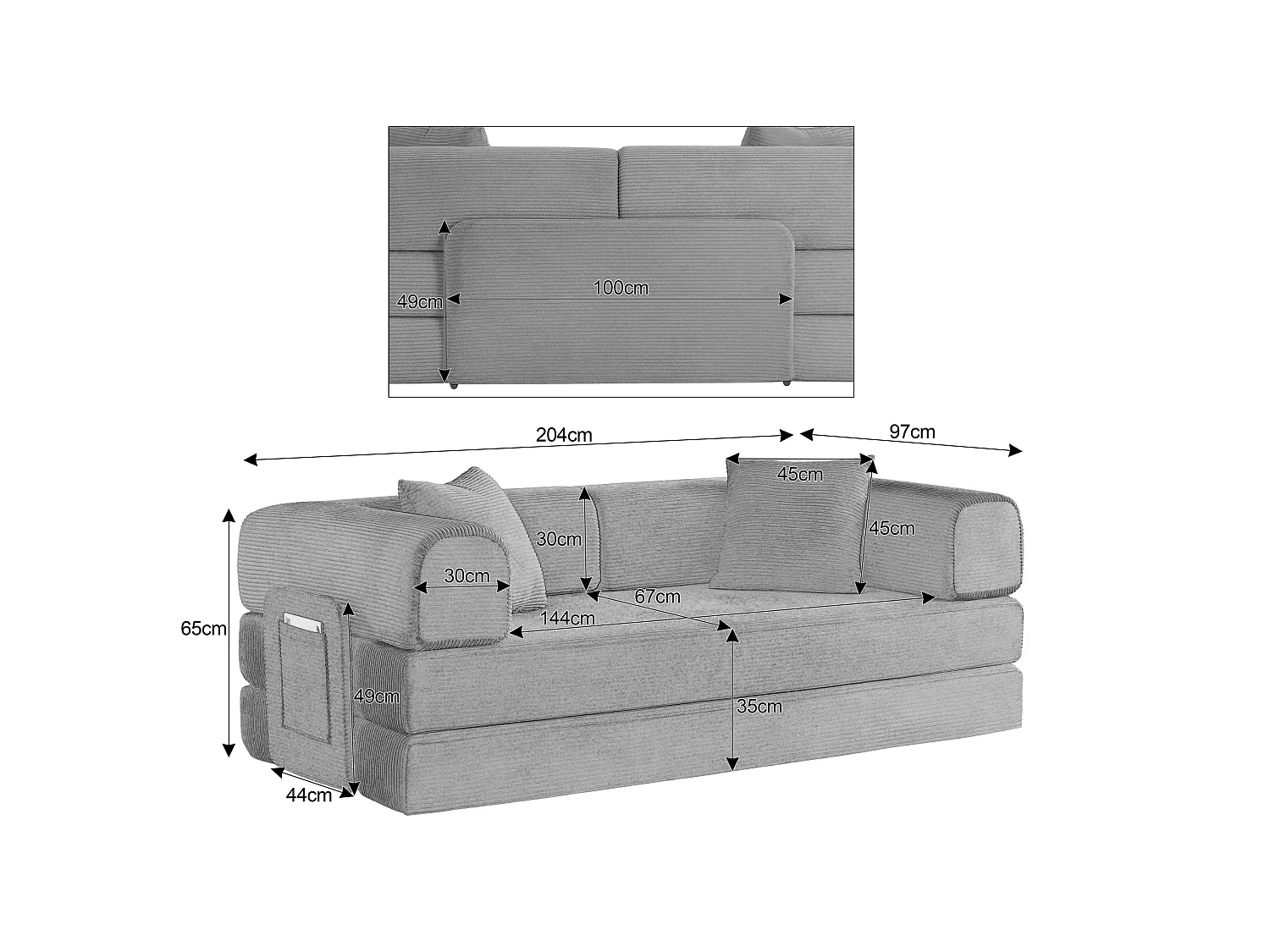Canapé convertible modulable 2 places en velours côtelé avec poche latérale - Taupe