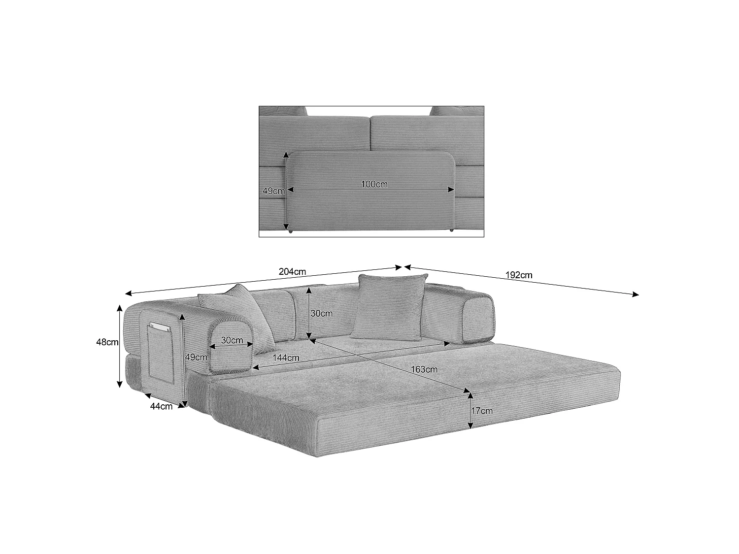 Canapé convertible modulable 2 places en velours côtelé avec poche latérale - Taupe