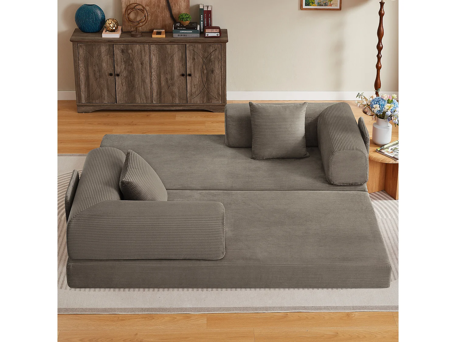 Canapé convertible modulable 2 places en velours côtelé avec poche latérale - Taupe