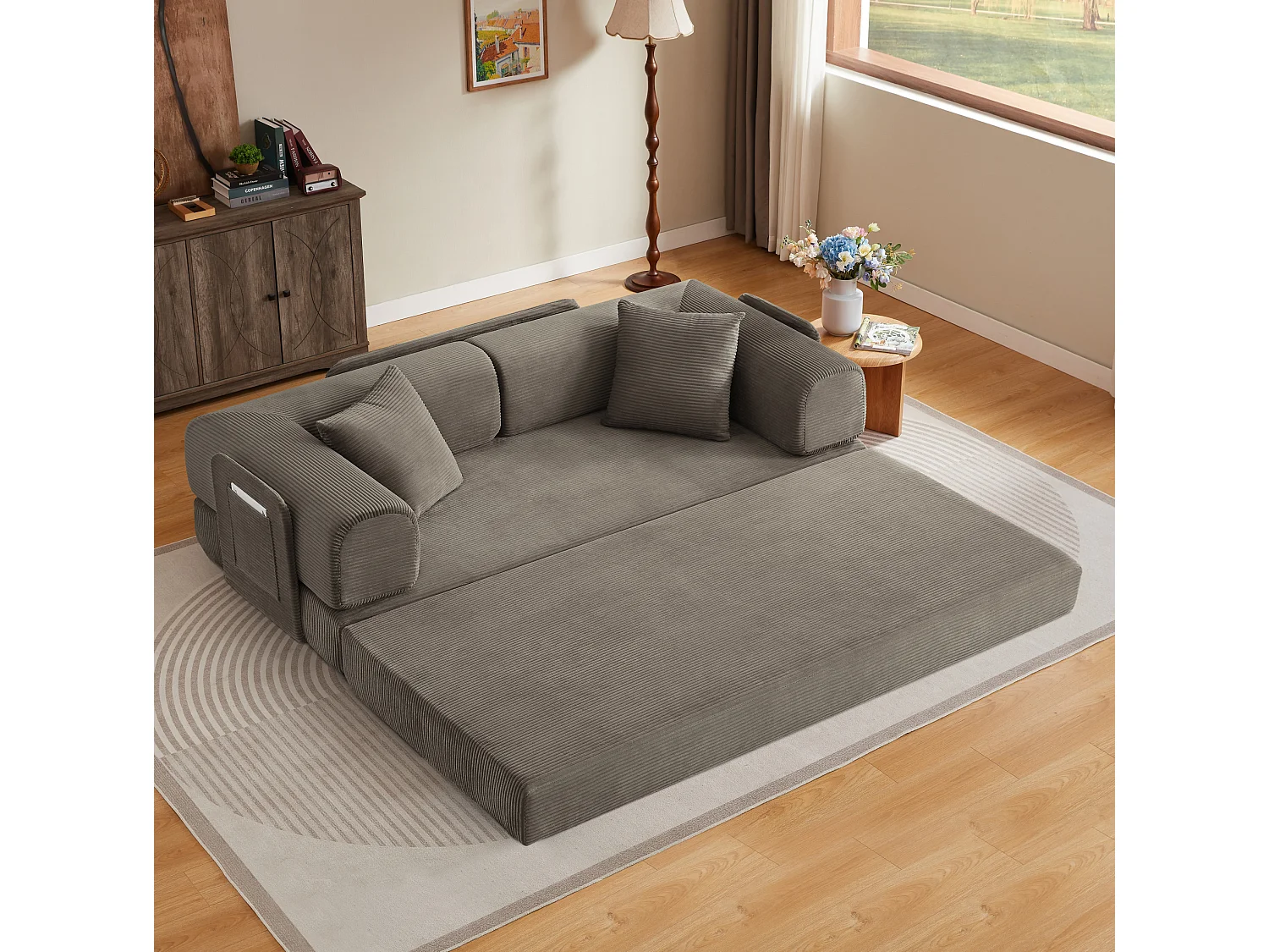 Canapé convertible modulable 2 places en velours côtelé avec poche latérale - Taupe