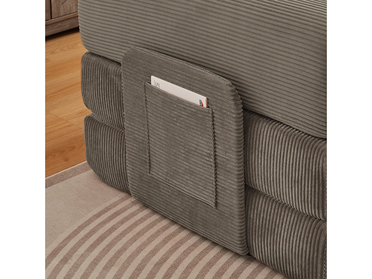 Canapé convertible modulable 2 places en velours côtelé avec poche latérale - Taupe