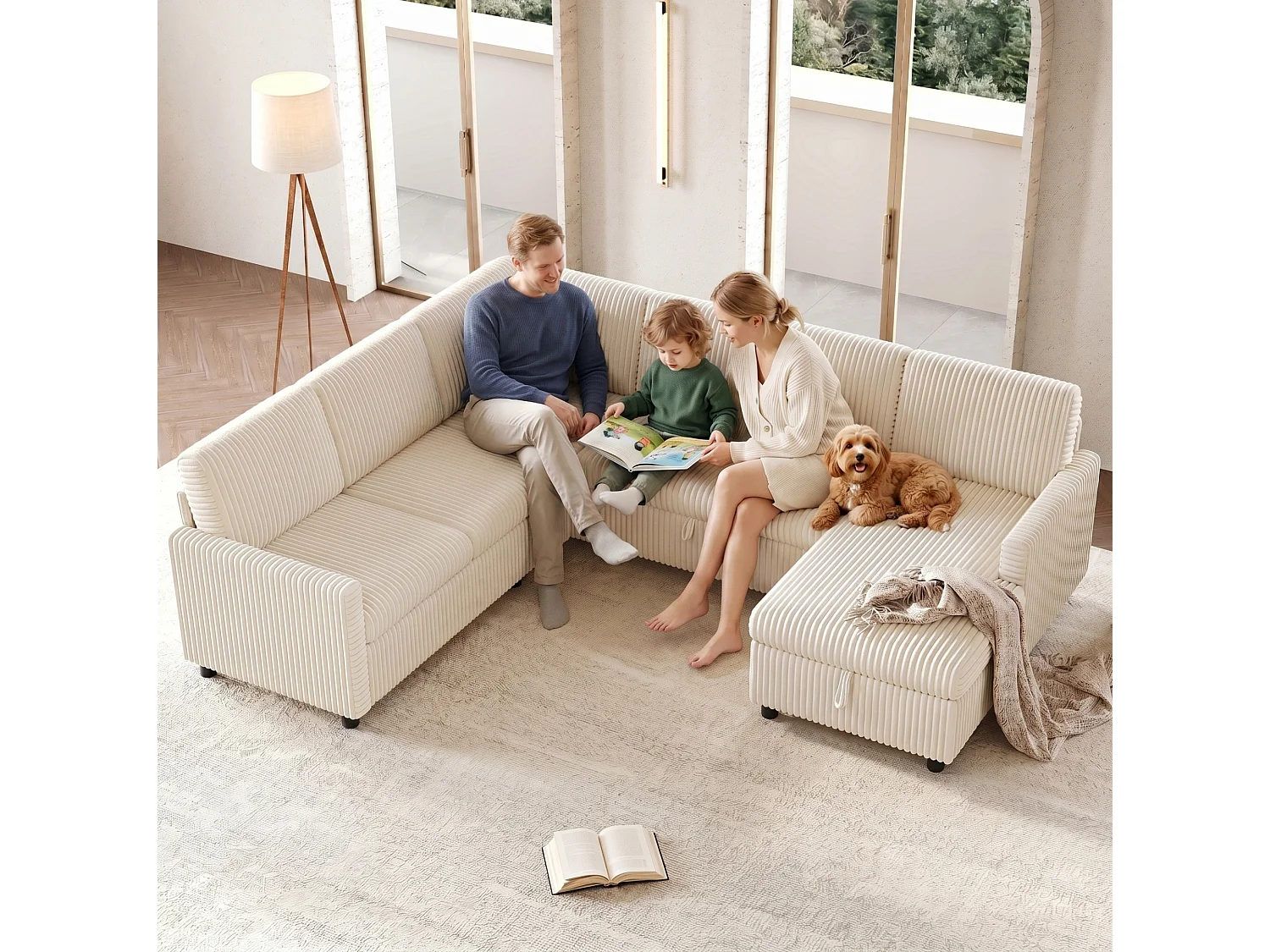 5-zits hoekbank van corduroy, ombouwbaar tot slaapbank, met opbergruimte - Beige