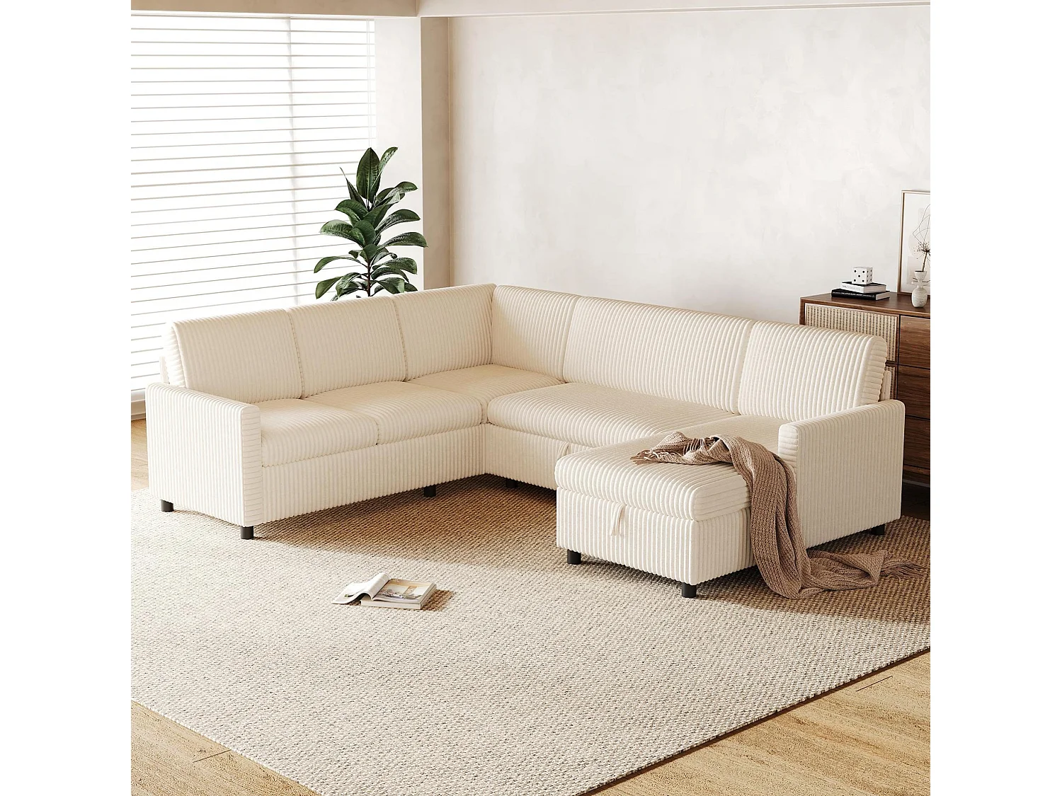 5-zits hoekbank van corduroy, ombouwbaar tot slaapbank, met opbergruimte - Beige