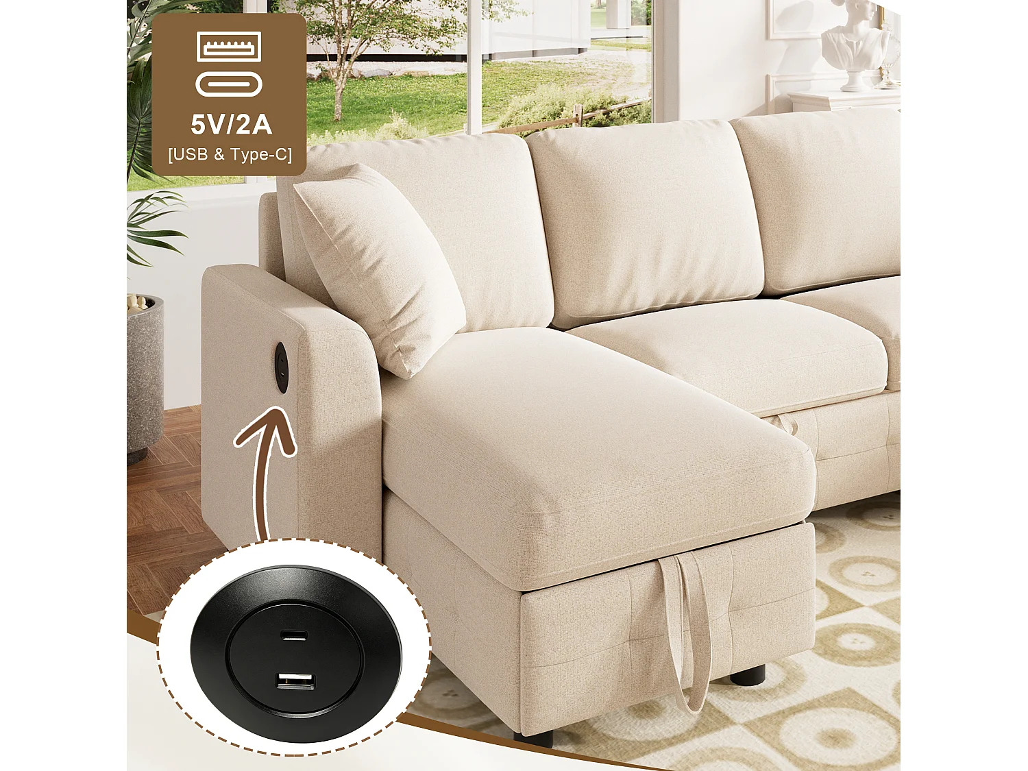 Sofá de Canto Conversível em Chenille para 4 Lugares com Almofadas e USB – Bege
