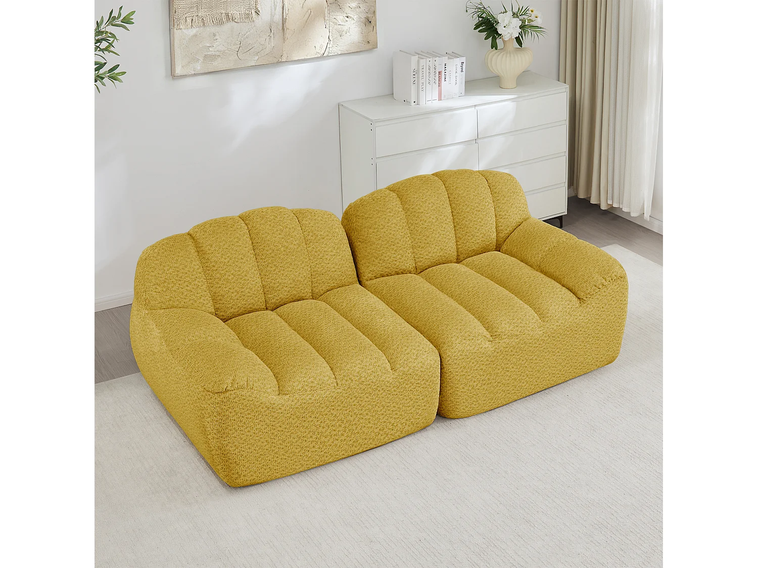 Canapé modulable 2 places jaune, style nuage, tissu bouclé, sans montage, salon