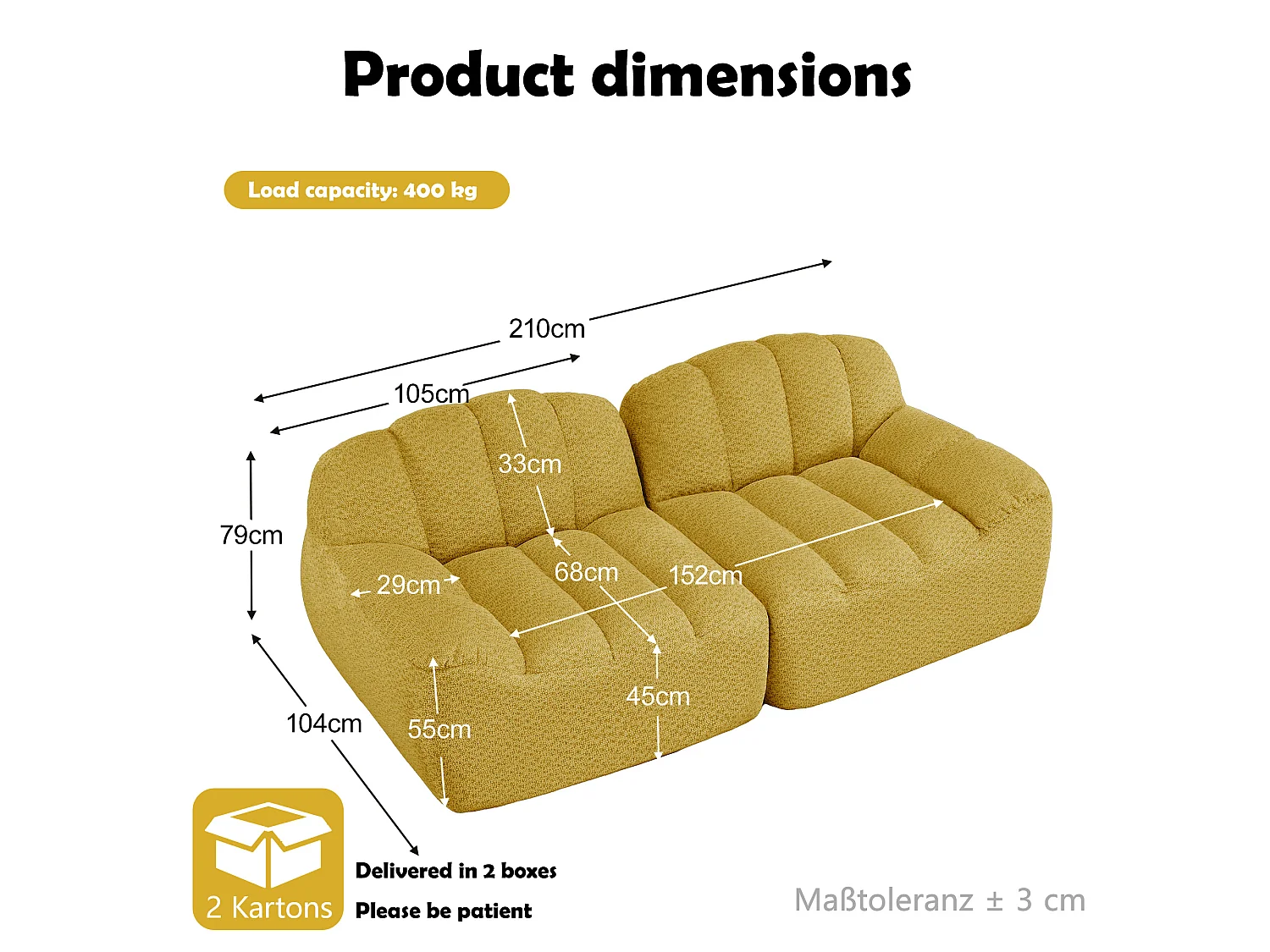Canapé modulable 2 places jaune, style nuage, tissu bouclé, sans montage, salon