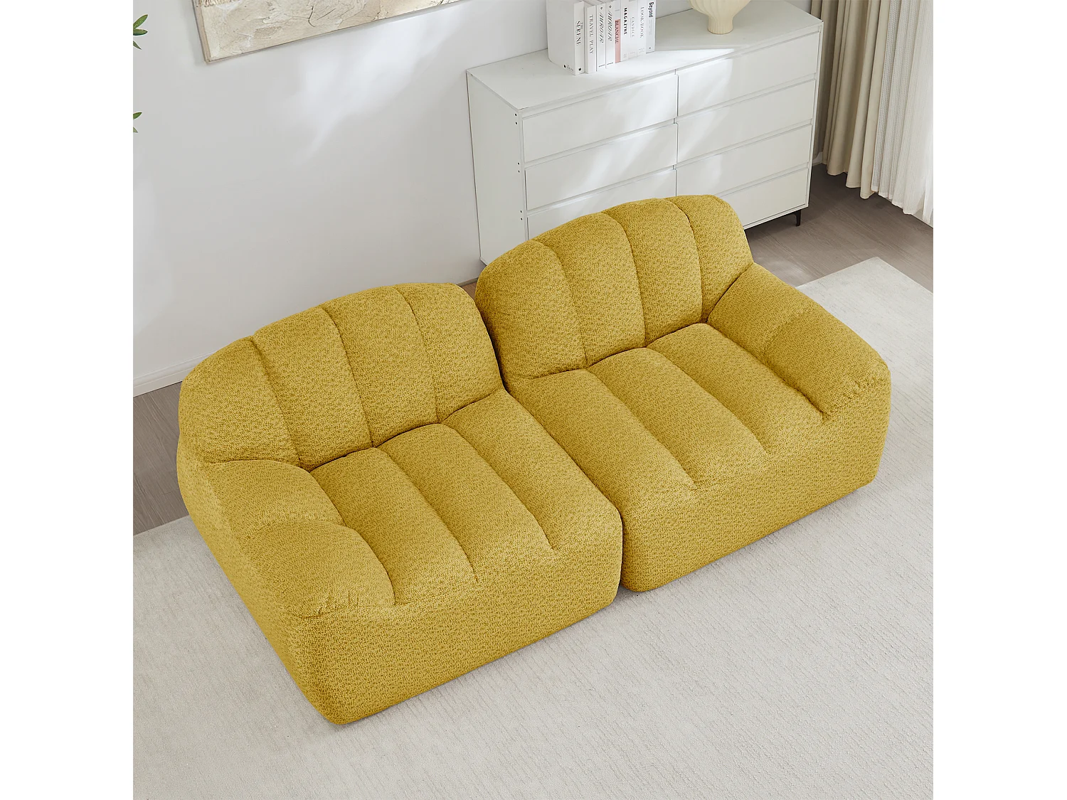 Canapé modulable 2 places jaune, style nuage, tissu bouclé, sans montage, salon
