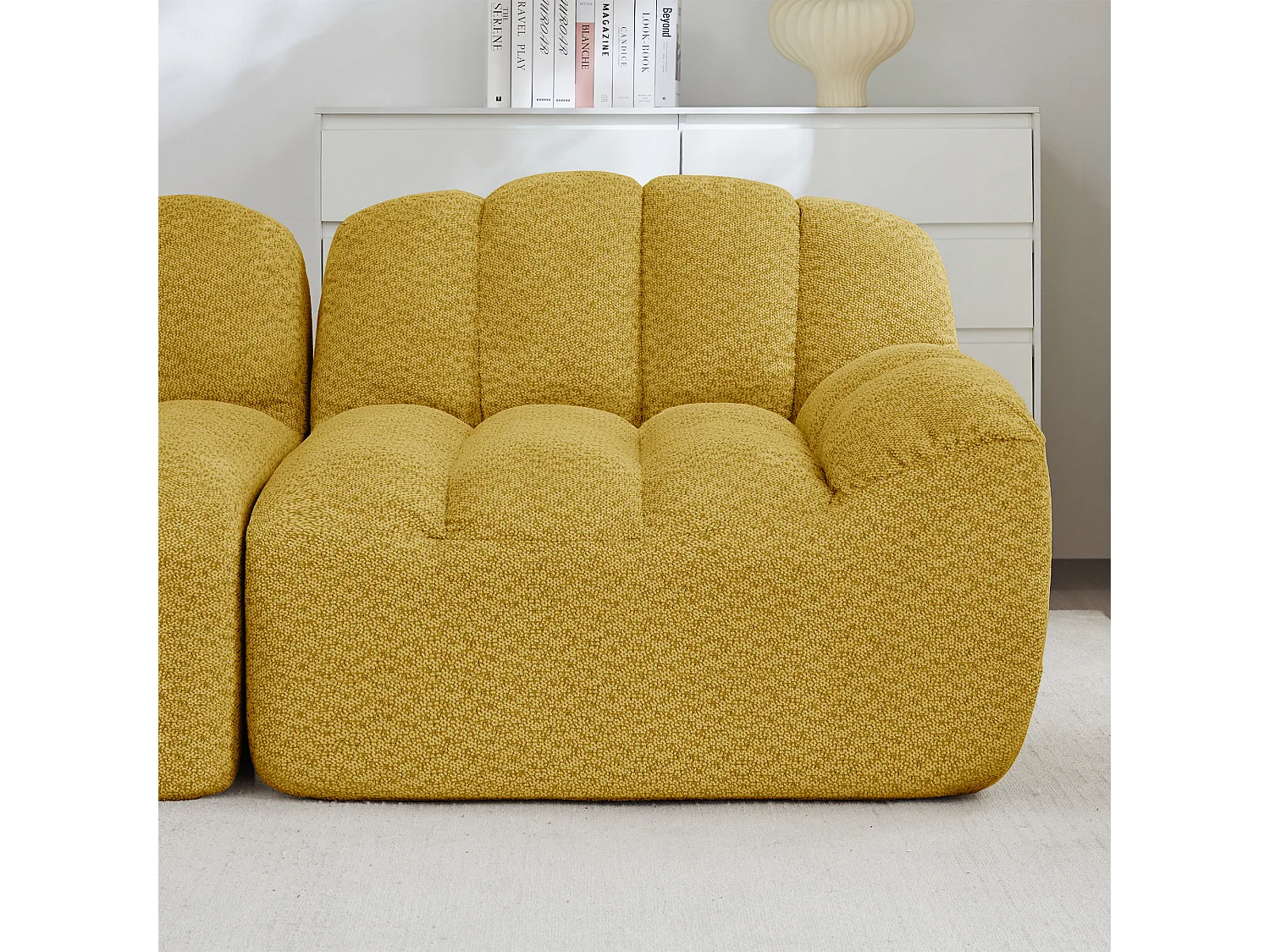 Canapé modulable 2 places jaune, style nuage, tissu bouclé, sans montage, salon