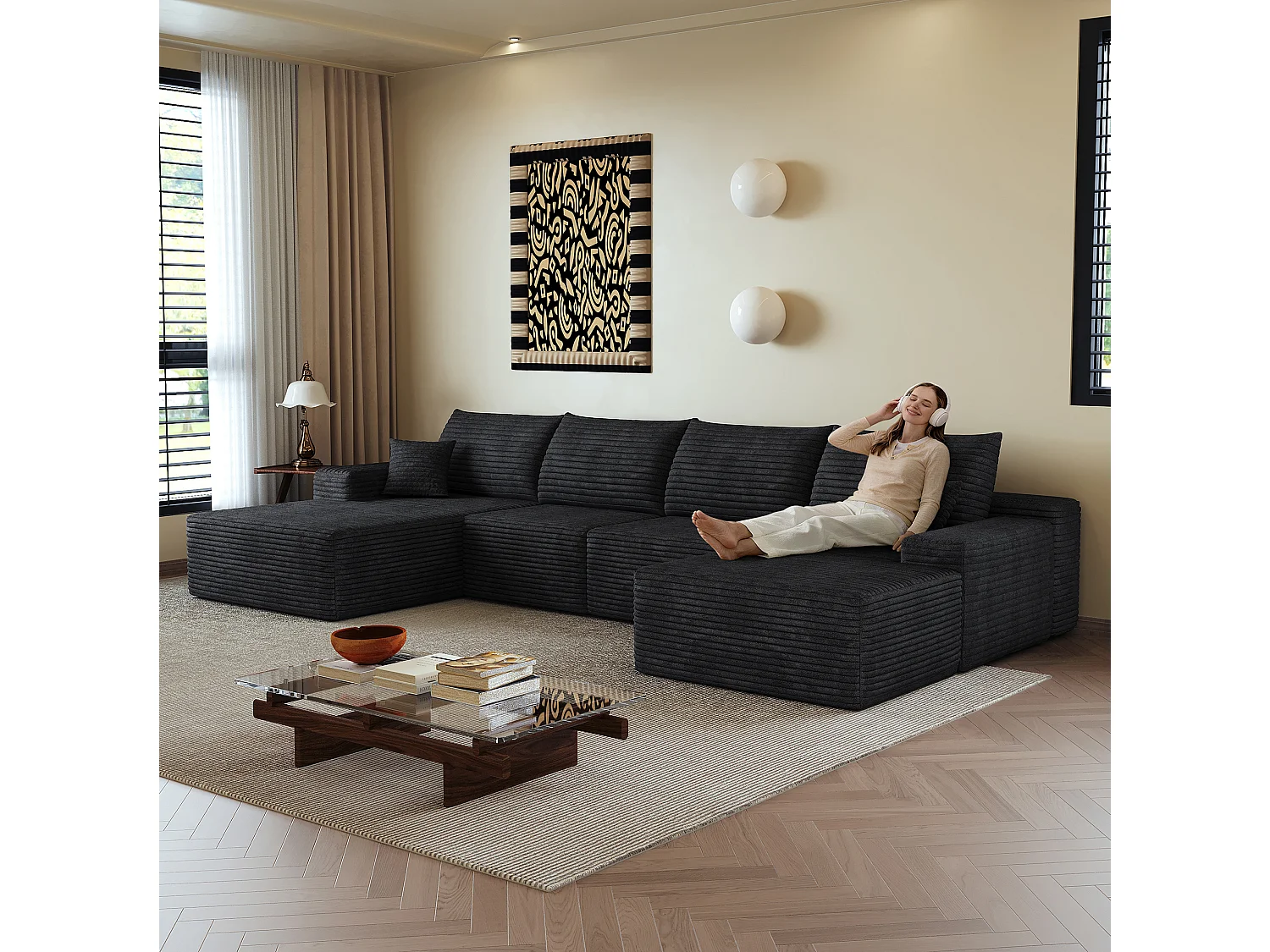 Canapé compressé d'angle modulable 4 places en velours côtelé avec pouf - Noir