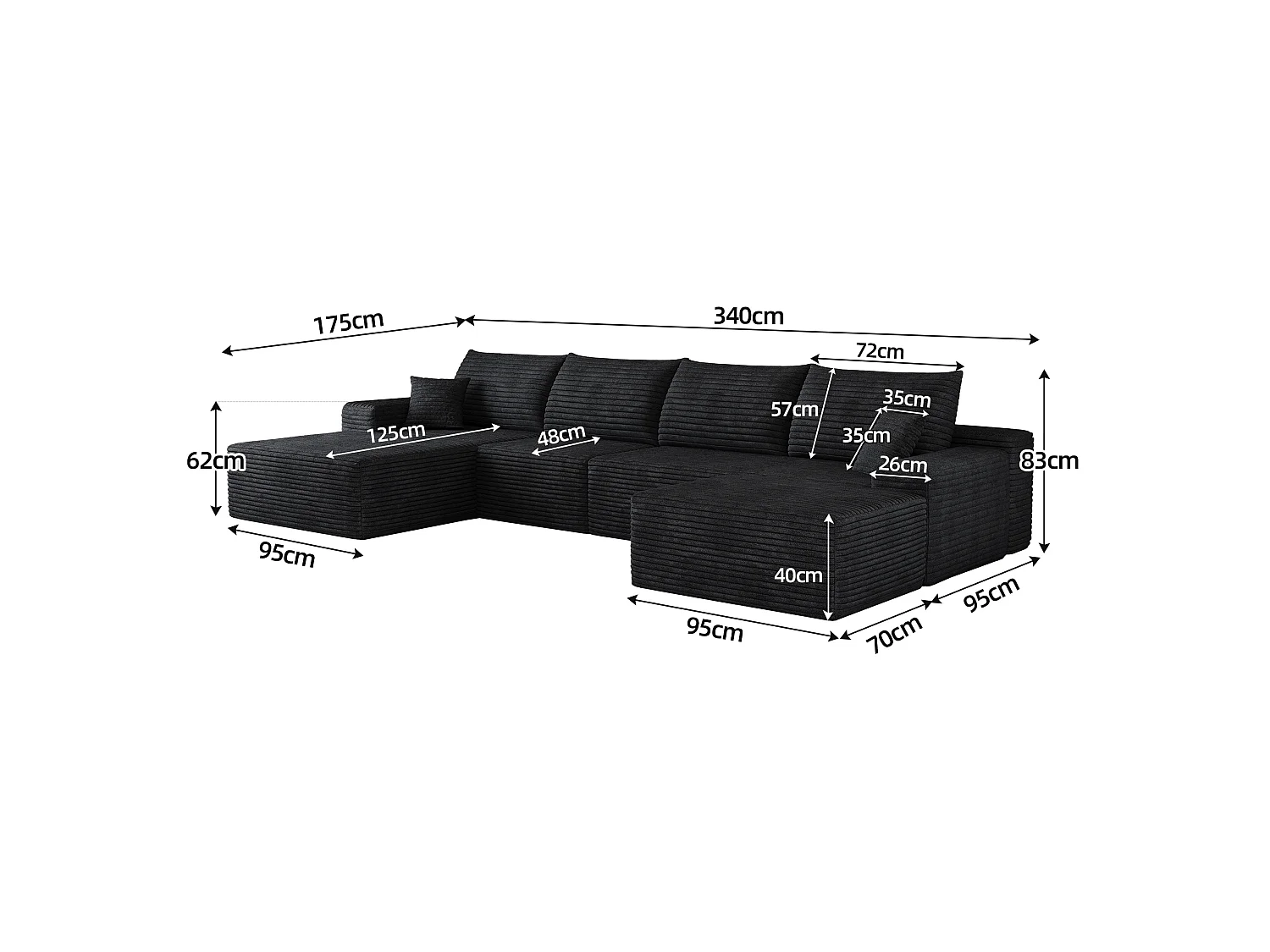 Canapé compressé d'angle modulable 4 places en velours côtelé avec pouf - Noir