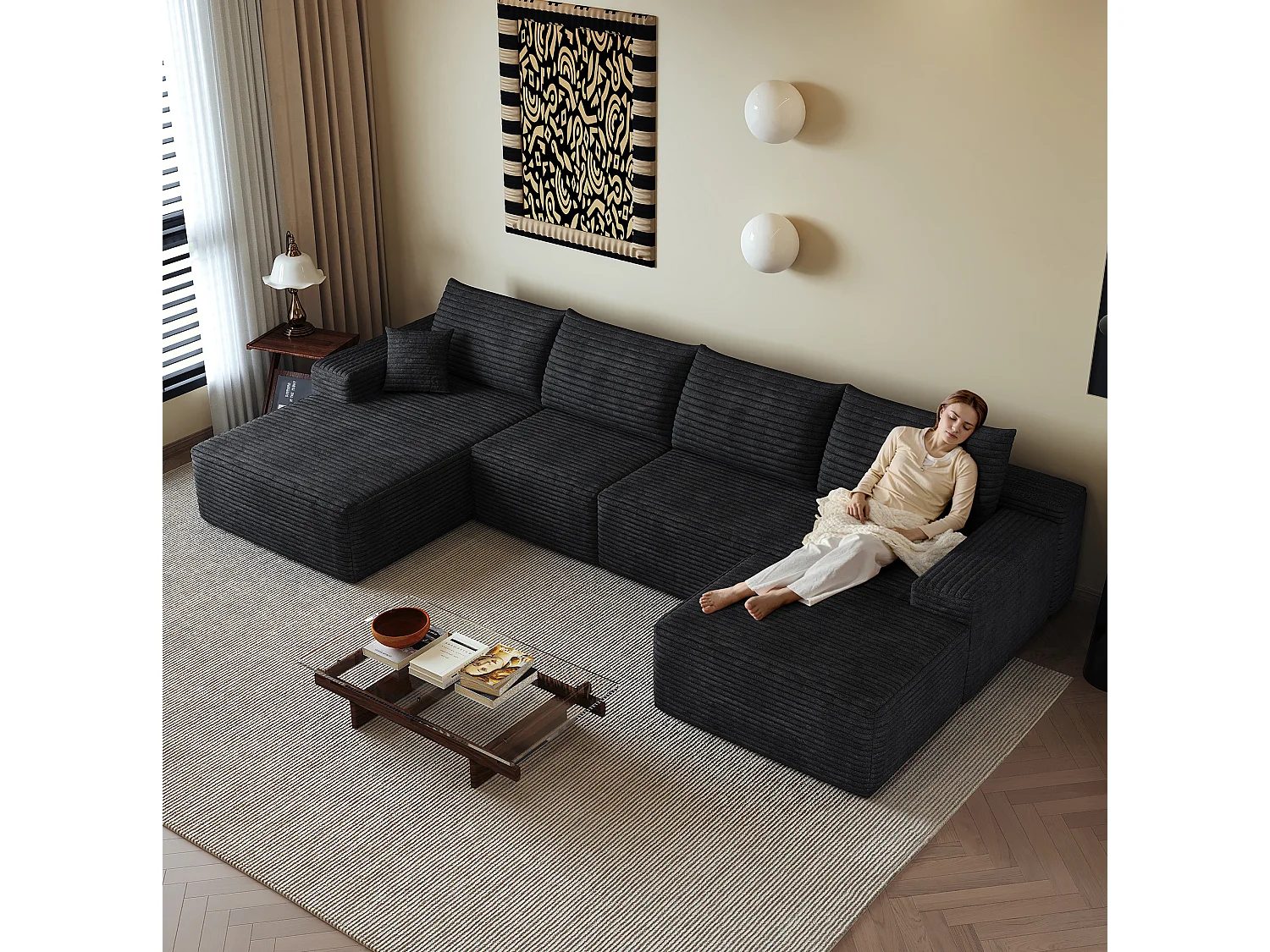 Canapé compressé d'angle modulable 4 places en velours côtelé avec pouf - Noir