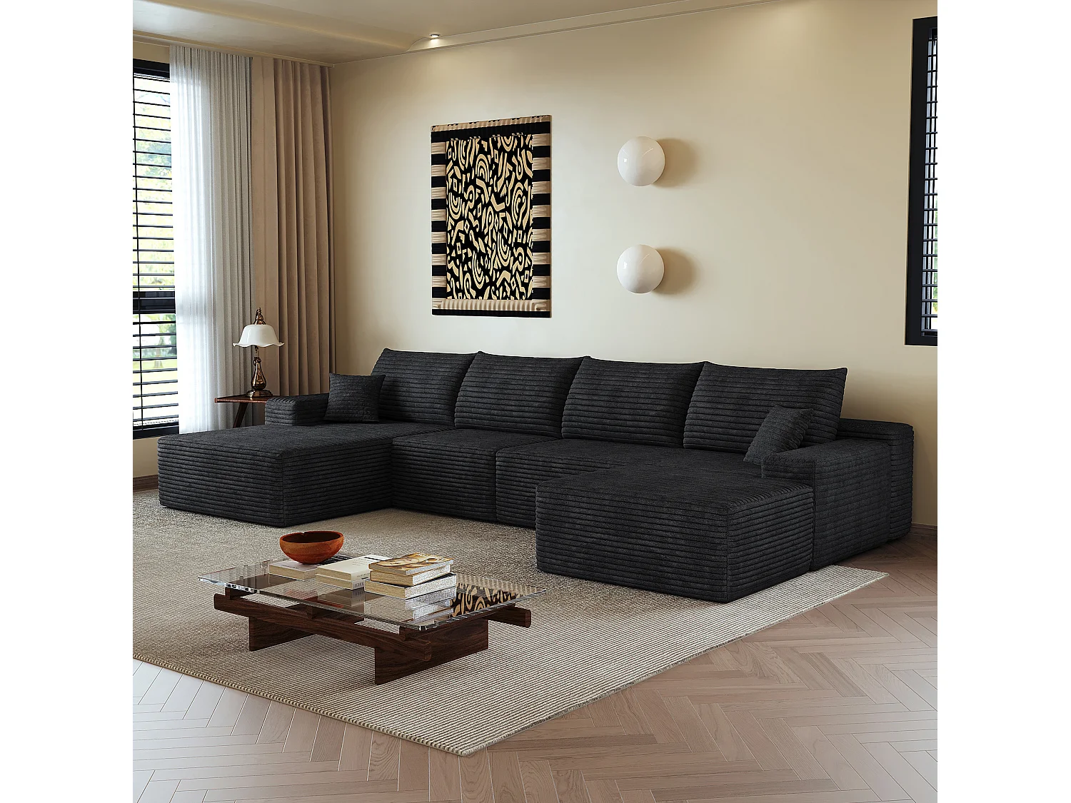 Canapé compressé d'angle modulable 4 places en velours côtelé avec pouf - Noir