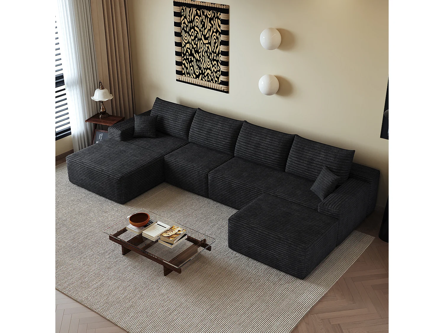 Canapé compressé d'angle modulable 4 places en velours côtelé avec pouf - Noir