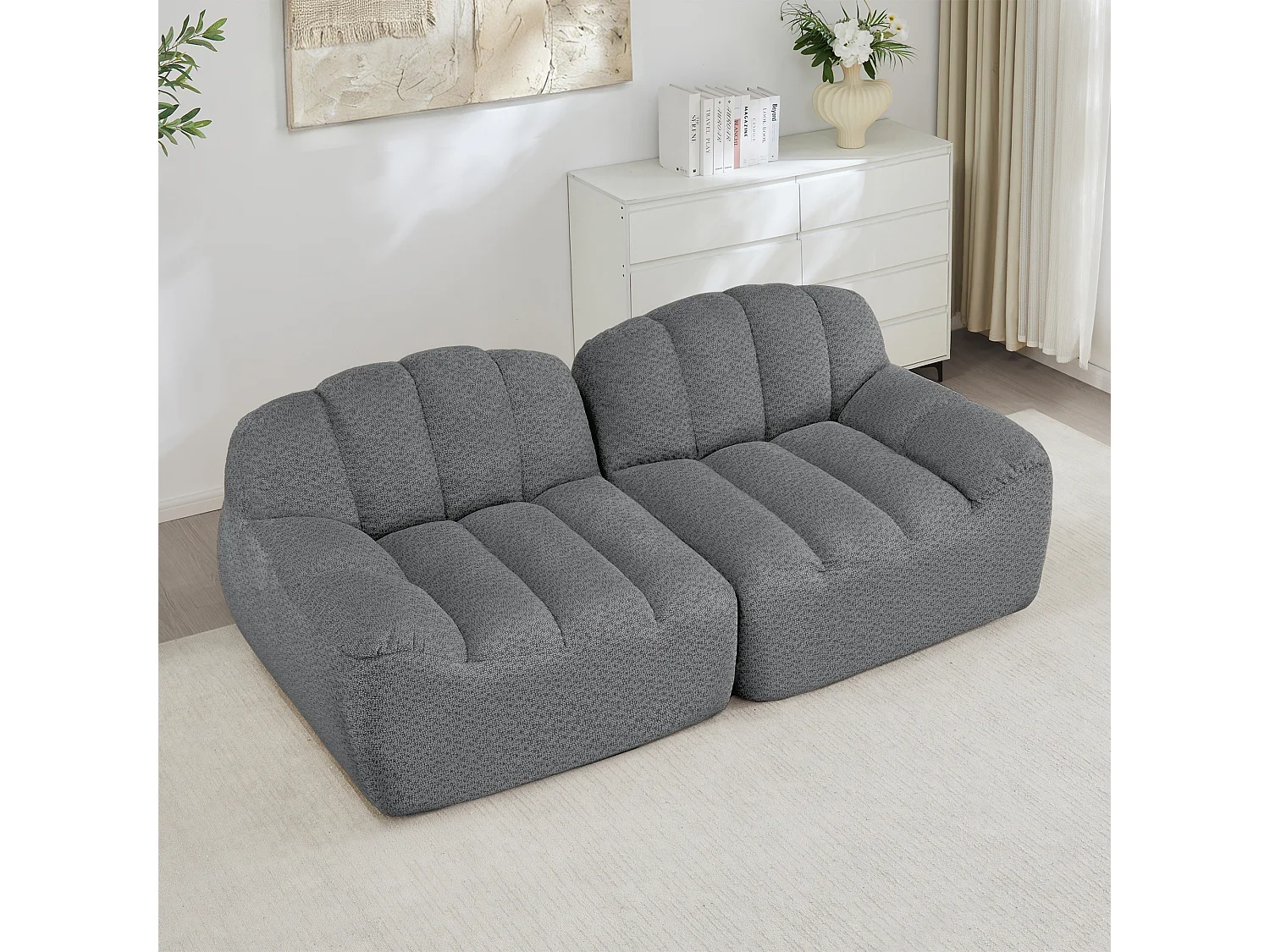 Canapé modulable 2 places gris, style nuage, tissu bouclé, sans montage, salon