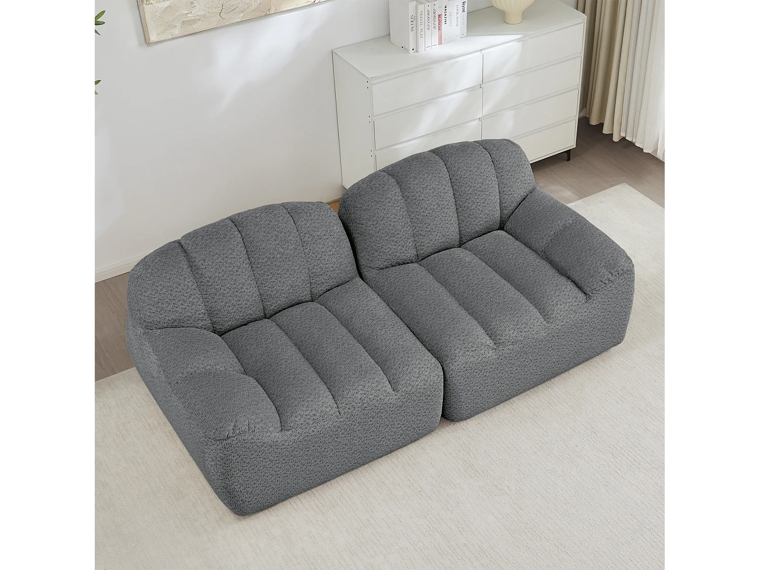 Canapé modulable 2 places gris, style nuage, tissu bouclé, sans montage, salon
