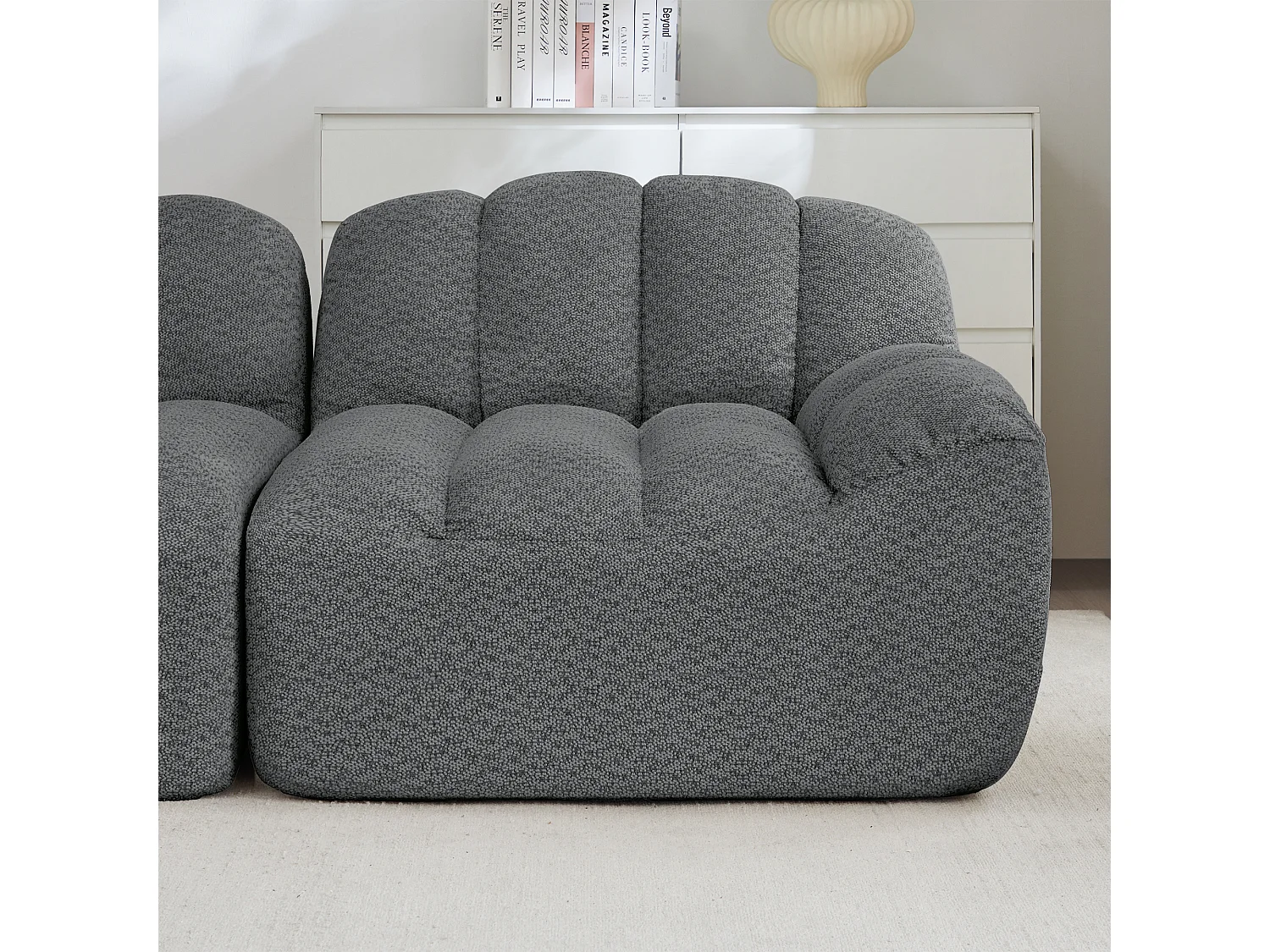 Canapé modulable 2 places gris, style nuage, tissu bouclé, sans montage, salon