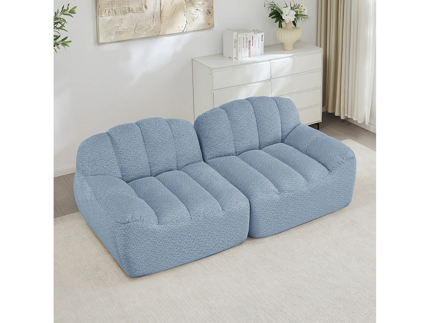 Canapé modulable 2 places bleu, style nuage, tissu bouclé, sans montage, salon