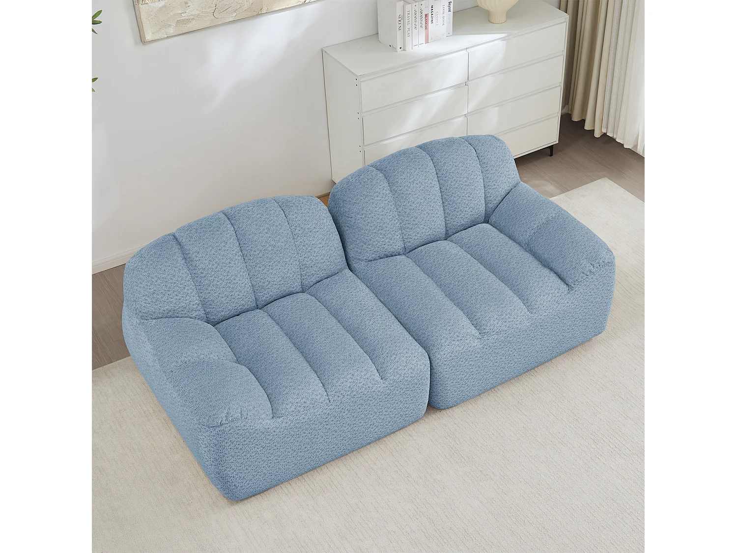Canapé modulable 2 places bleu, style nuage, tissu bouclé, sans montage, salon