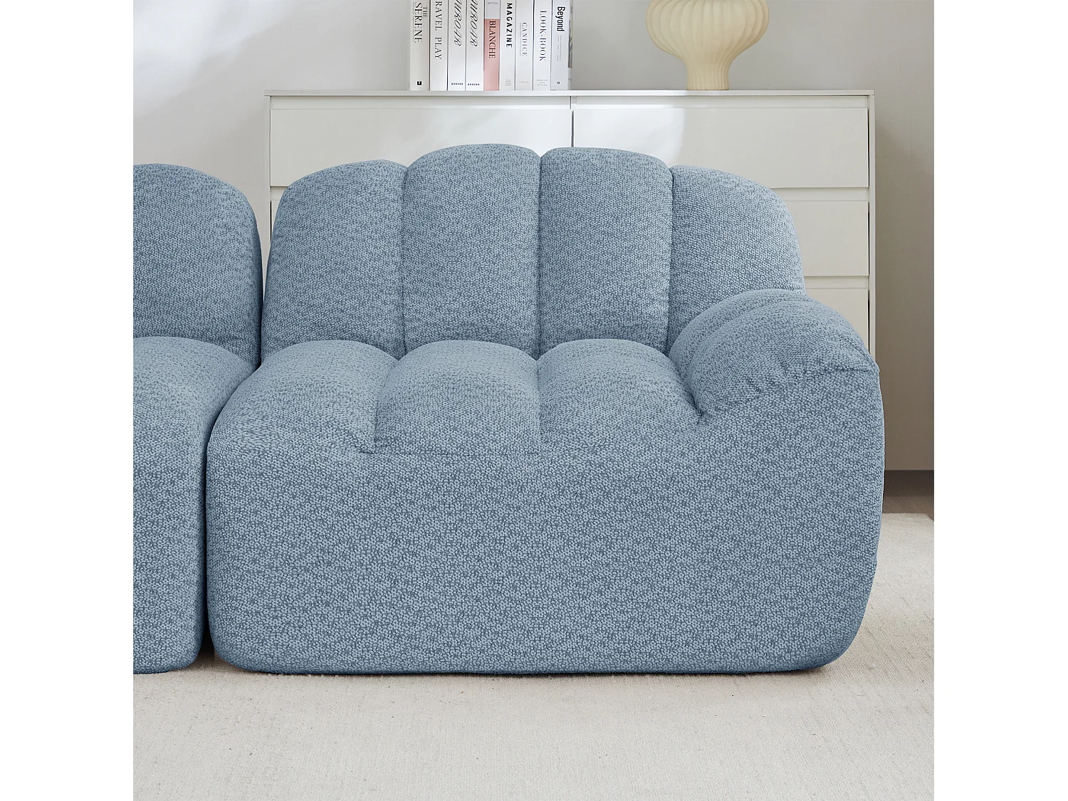 Canapé modulable 2 places bleu, style nuage, tissu bouclé, sans montage, salon