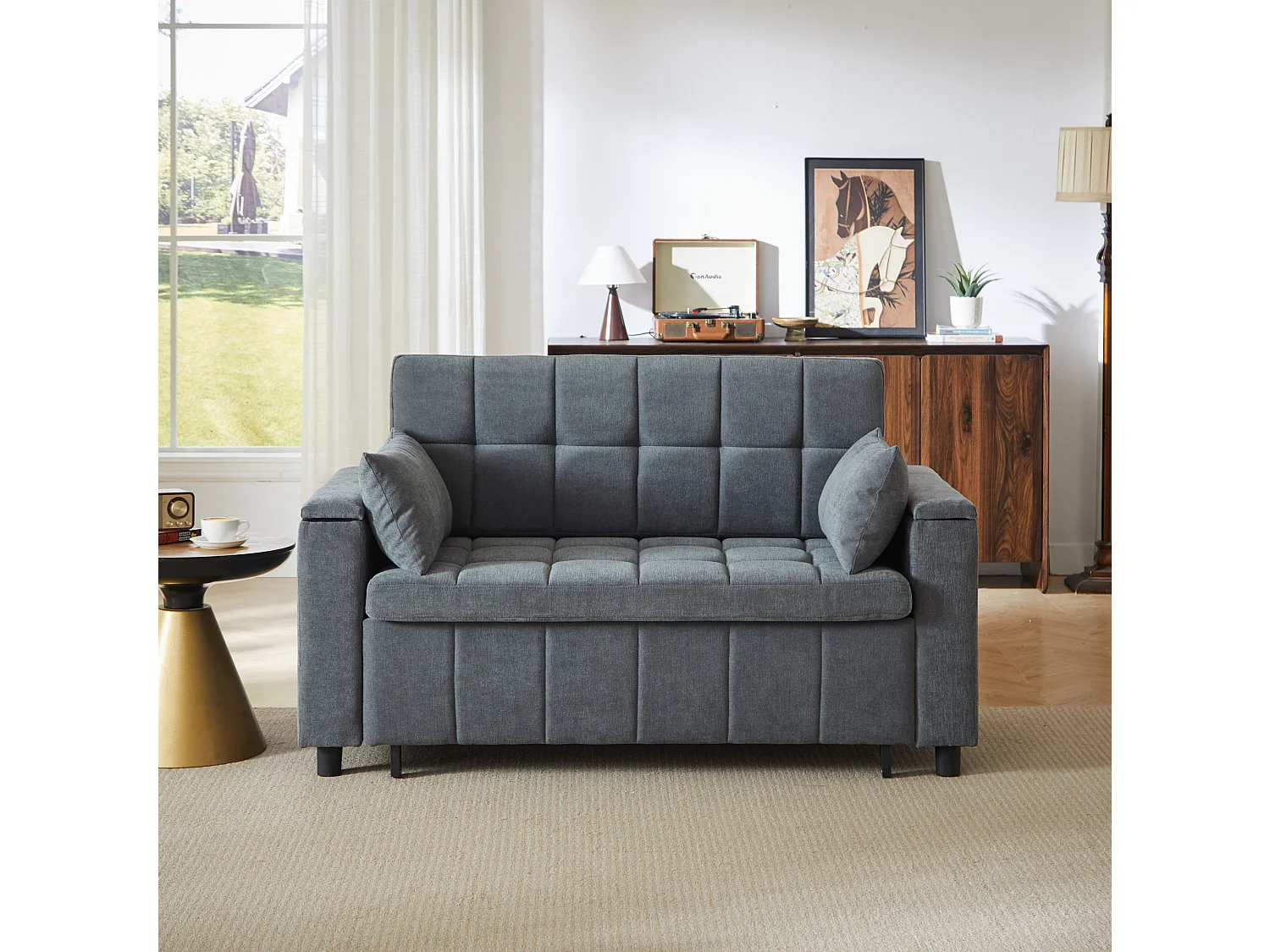 Canapé convertible 2 places 148.6 cm avec poches latérales - Tissu chenille gris