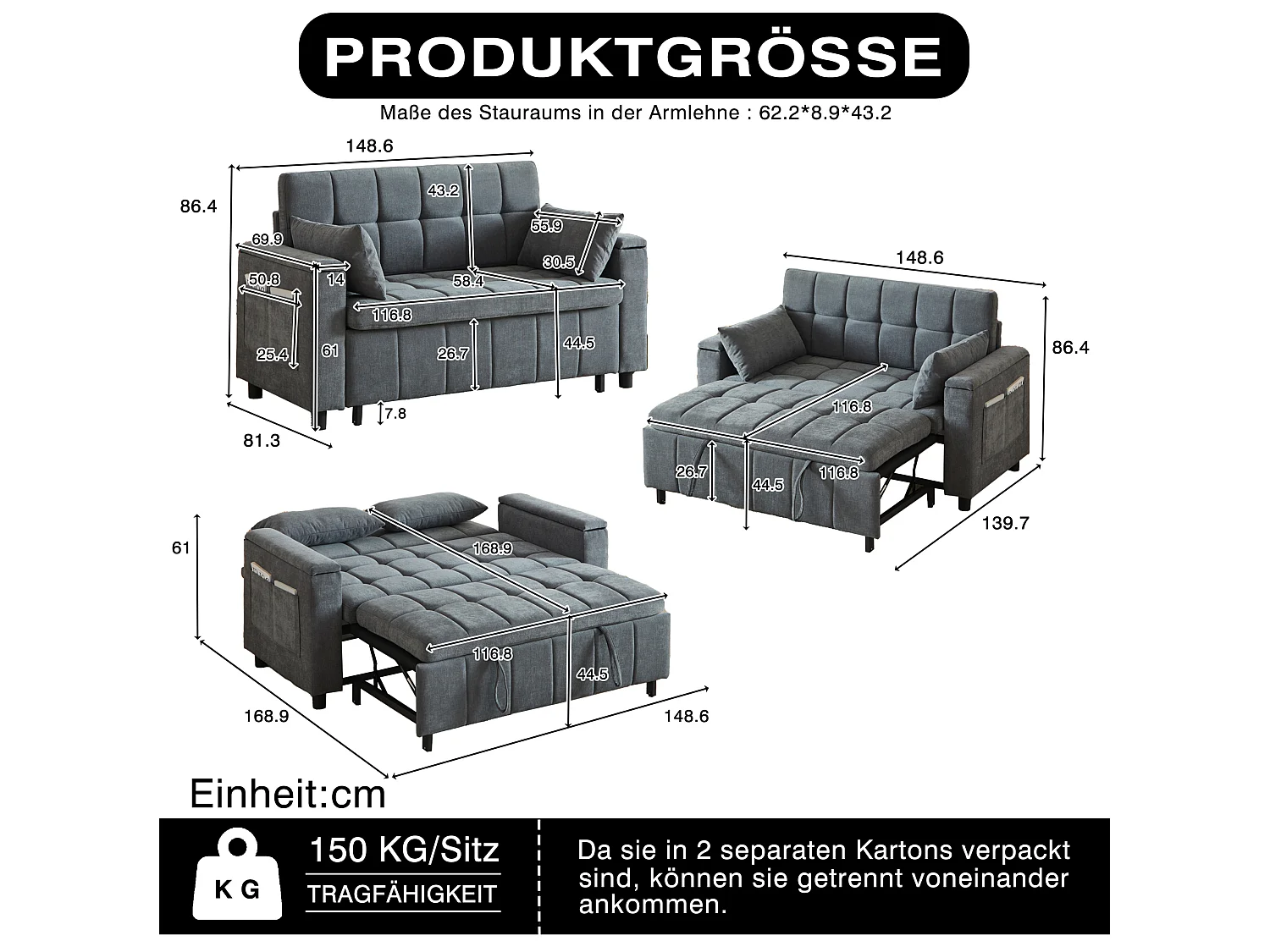 Canapé convertible 2 places 148.6 cm avec poches latérales - Tissu chenille gris