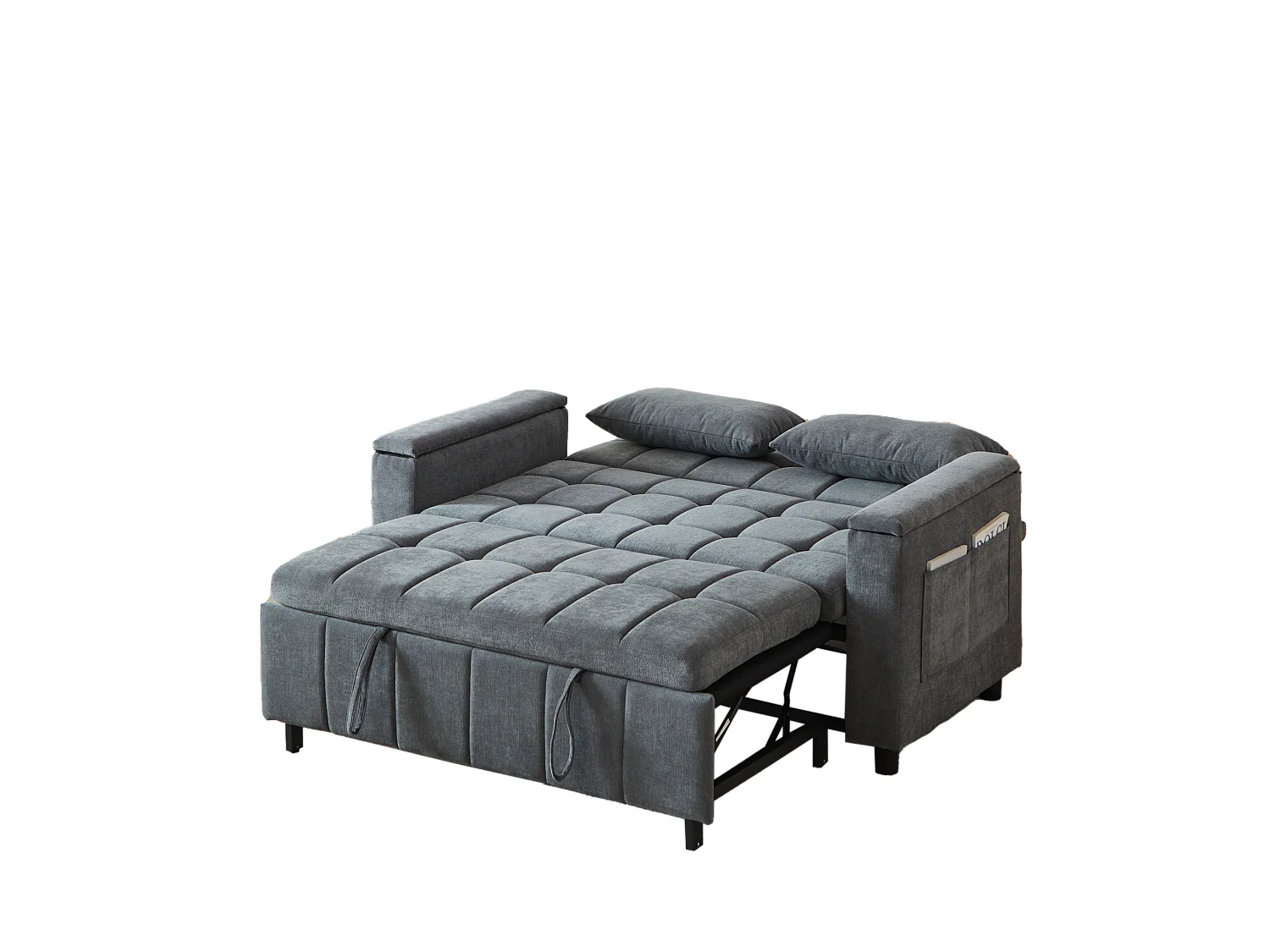 Canapé convertible 2 places 148.6 cm avec poches latérales - Tissu chenille gris