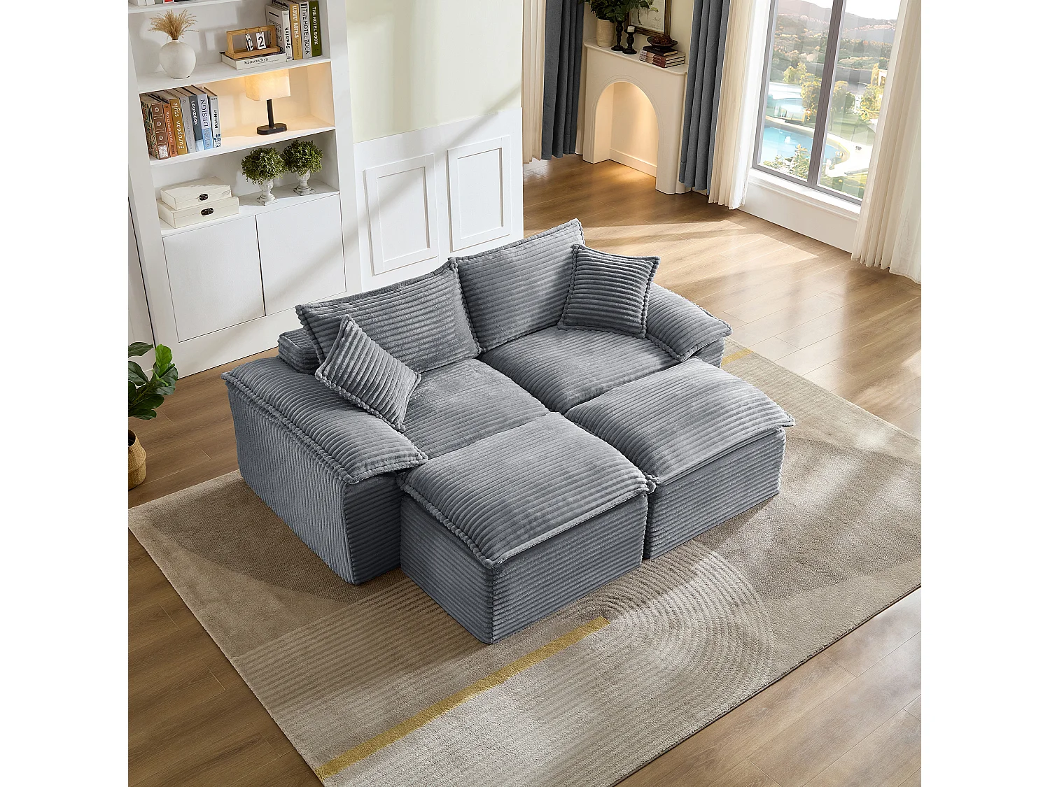 Canapé modulable 2 places en velours côtelé avec coussins et 2 pouf - Gris