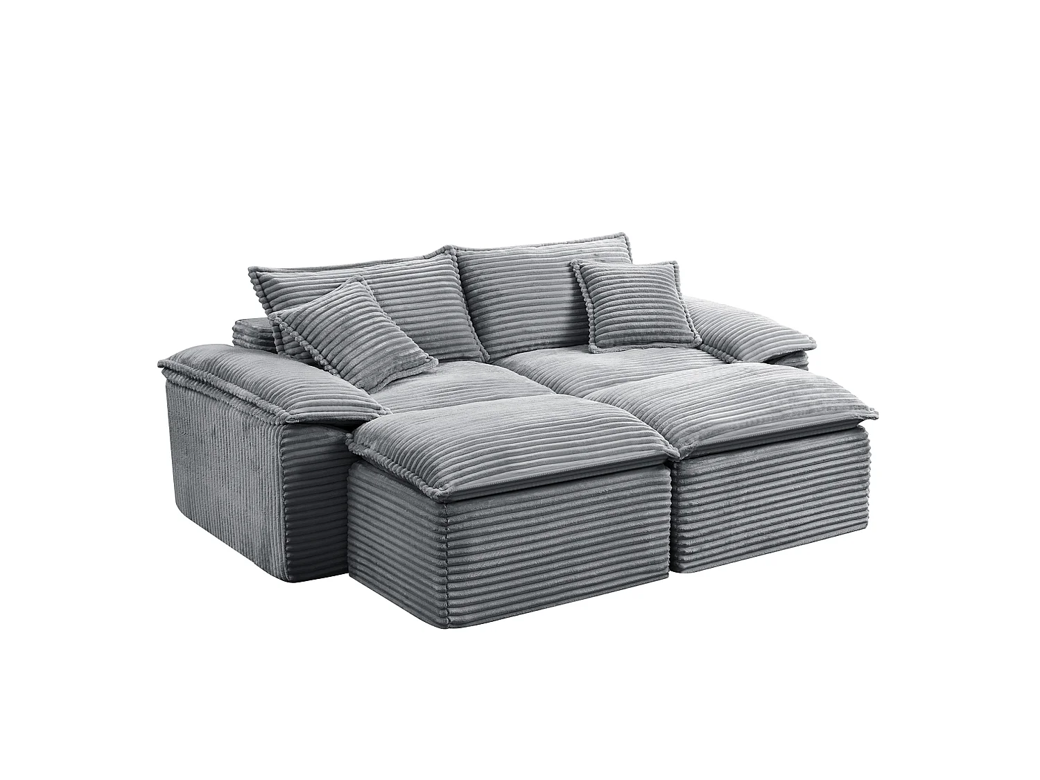 Canapé modulable 2 places en velours côtelé avec coussins et 2 pouf - Gris