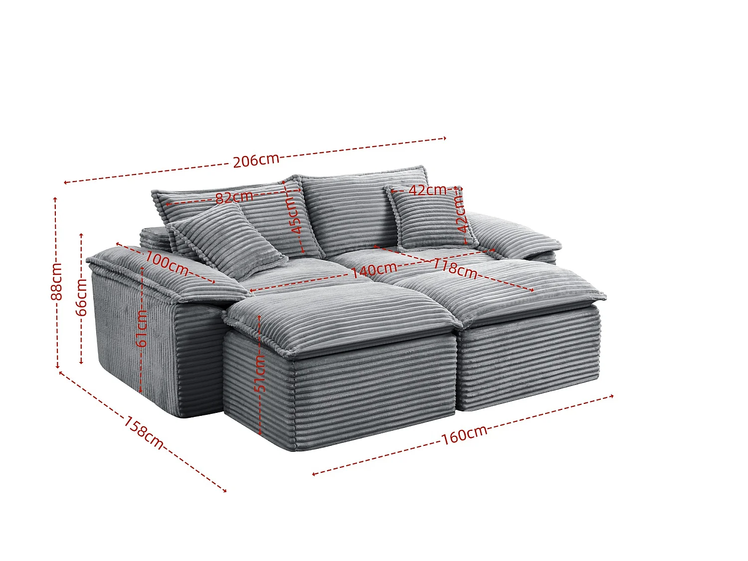 Canapé modulable 2 places en velours côtelé avec coussins et 2 pouf - Gris
