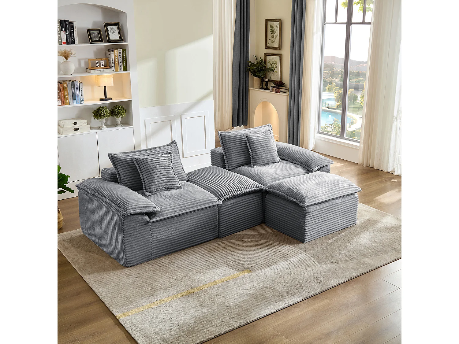 Canapé modulable 2 places en velours côtelé avec coussins et 2 pouf - Gris